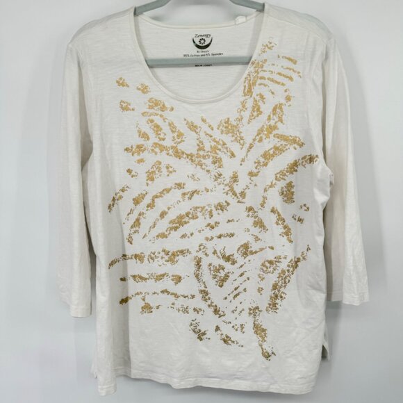 chico's 3 zenergy Womans White Long Sleeve Top Gold Foil Palm Print size XL - Picture 3 of 8